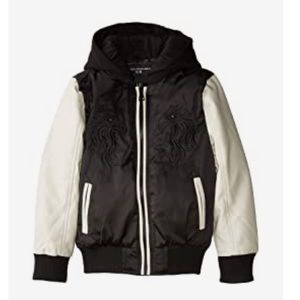 Urban Republic- Francis Embroidered Satin Fleece hoodie Black white sleeves NWT